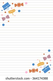 Vector blank for letter or greeting card. White paper form with colorful gifts, sweets, lines and border. A4 format size.