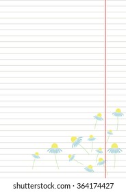 Vector blank for letter or greeting card. Paper of notebook, white form with lines, and colorful flowers. A4 format size.