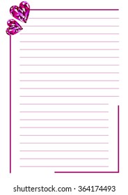 Vector blank for letter or greeting card. White paper form with pink gems in the shape of hearts, lines and border. A4 format size.