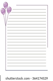 Vector blank for letter or greeting card. White paper form with pink balloons, lines and border. A4 format size.