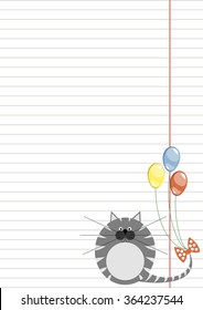 Vector blank for letter or greeting card. White paper form with grey pretty cat and colorful balloons, lines and border. A4 format size.