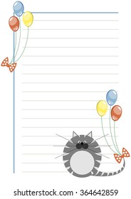 Vector blank for letter or greeting card. White paper form with grey pretty cat and colorful balloons, lines and border. A4 format size.
