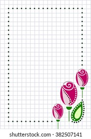 Vector blank for letter or greeting card. Checkered paper, white squared form with pink roses, leaf and border. A4 format size. Series of Cards, Blanks and Forms.