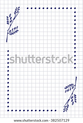 Vector blank for letter or greeting card. Checkered paper, white squared form with hand drawn branch with leaves. Imitation of inc drawing.A4 format size. Series of Cards, Blanks and Forms.