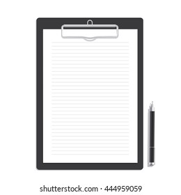 Vector blank line paper on a clipboard and black pen mock up Concept.