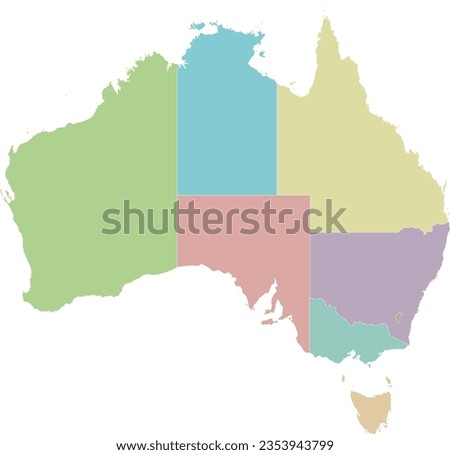 Vector blank map of Australia with regions or territories and administrative divisions. Editable and clearly labeled layers.