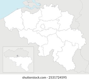 Mapa em branco vetorial da Bélgica com regiões, províncias e divisões administrativas e países e territórios vizinhos. Camadas editáveis e claramente rotuladas.