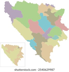 Mapa en blanco Vector de Bosnia y Herzegovina con entidades, cantones, regiones y divisiones administrativas. Capas editables y claramente etiquetadas.