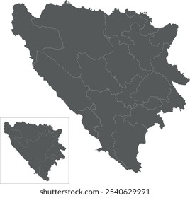 Mapa en blanco Vector de Bosnia y Herzegovina con entidades, cantones, regiones y divisiones administrativas. Capas editables y claramente etiquetadas.