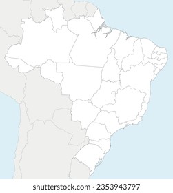 Vector blank map of Brazil with states and administrative divisions, and neighbouring countries and territories. Editable and clearly labeled layers.