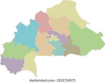 Vector blank map of Burkina Faso with regions or territories and administrative divisions. Editable and clearly labeled layers.