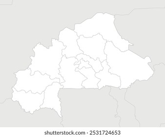 Vector blank map of Burkina Faso with regions and administrative divisions, and neighbouring countries and territories. Editable and clearly labeled layers.