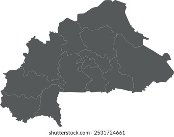 Vector blank map of Burkina Faso with regions or territories and administrative divisions. Editable and clearly labeled layers.