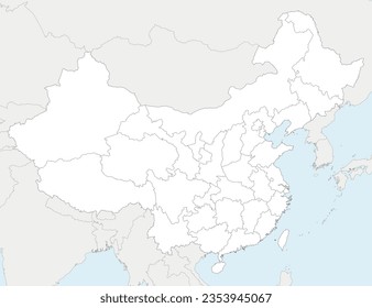 Vector blank map of China with provinces, regions and administrative divisions, and neighbouring countries. Editable and clearly labeled layers.