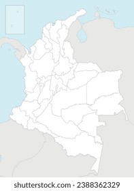 Vector blank map of Colombia with departments, capital region and administrative divisions, and neighbouring countries. Editable and clearly labeled layers.