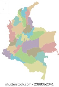 Vector blank map of Colombia with departments, capital region and administrative divisions. Editable and clearly labeled layers.