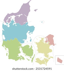 Vector blank map of Denmark with regions or territories and administrative divisions. Editable and clearly labeled layers.