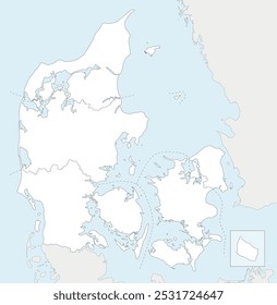 Vector blank map of Denmark with regions and administrative divisions, and neighbouring countries and territories. Editable and clearly labeled layers.