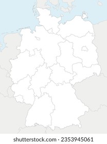 Vector blank map of Germany with federated states or regions and administrative divisions, and neighbouring countries. Editable and clearly labeled layers.