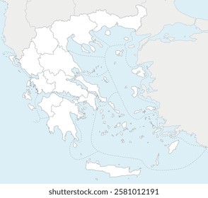 Vector blank map of Greece with regions and administrative divisions, and neighbouring countries and territories. Editable and clearly labeled layers.