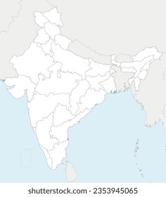 Vector blank map of India with states and territories and administrative divisions, and neighbouring countries. Editable and clearly labeled layers.