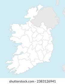 Vector blank map of Ireland with counties and administrative divisions, and neighbouring countries. Editable and clearly labeled layers.