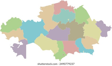 Vector mapa en blanco de Kazajistán con regiones, ciudades independientes y departamentos administrativos. Capas editables y claramente etiquetadas.