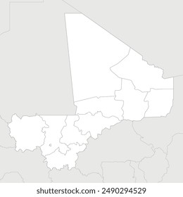 Vector blank map of Mali with regions, capital district and administrative divisions, and neighbouring countries. Editable and clearly labeled layers.