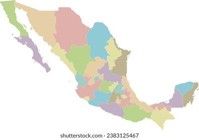Mapa vectorial de México con regiones o estados y divisiones administrativas. capas editables y claramente etiquetadas.