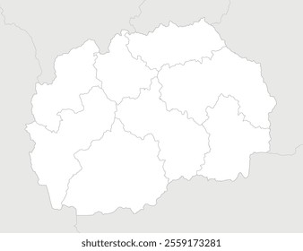 Vector blank map of North Macedonia with statistical regions and administrative divisions, and neighbouring countries and territories. Editable and clearly labeled layers.