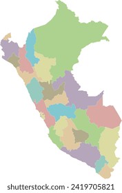 Vector blank map of Peru with departments, provinces and administrative divisions. Editable and clearly labeled layers.