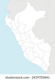 Vektor Blankarte Karte von Peru mit Abteilungen, Provinzen und Verwaltungseinheiten und Nachbarländern. Bearbeitbare und deutlich gekennzeichnete Schichten.