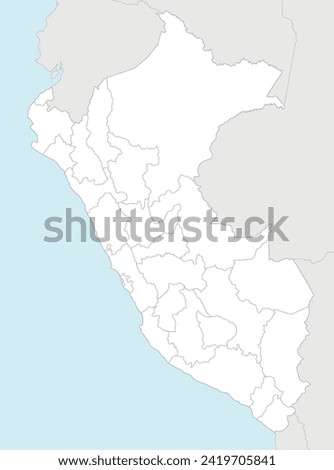 Vector blank map of Peru with departments, provinces and administrative divisions, and neighbouring countries. Editable and clearly labeled layers.