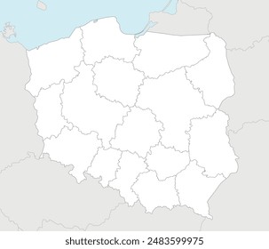 Vector blank map of Poland with provinces and administrative divisions, and neighbouring countries and territories. Editable and clearly labeled layers.