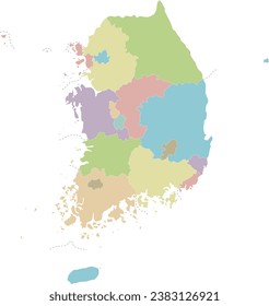 Mapa vectorial en blanco de Corea del Sur con provincias, ciudades metropolitanas y divisiones administrativas. capas editables y claramente etiquetadas.