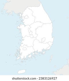 Mapa en blanco de vectores de Corea del Sur con provincias, ciudades metropolitanas y divisiones administrativas y países vecinos. capas editables y claramente etiquetadas.