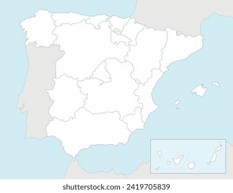 Vector blank map of Spain with regions and territories and administrative divisions, and neighbouring countries. Editable and clearly labeled layers.