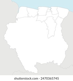 Vector blank map of Suriname with districts and administrative divisions, and neighbouring countries. Editable and clearly labeled layers.