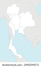 Vector blank map of Thailand with regions and administrative divisions, and neighbouring countries and territories. Editable and clearly labeled layers.