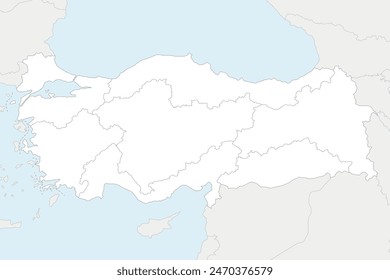 Vektorgrafik leere Landkarte der Türkei mit Regionen und geografischen Unterteilungen und Nachbarländern. Editierbare und klar beschriftete Ebenen.