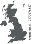 Vector blank map of UK with administrative divisions. Editable and clearly labeled layers.