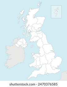 Vector blank map of UK with administrative divisions, and neighbouring countries. Editable and clearly labeled layers.