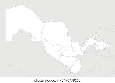 Vector blank map of Uzbekistan with regions and administrative divisions, and neighbouring countries and territories. Editable and clearly labeled layers.