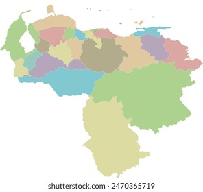 Vector blank map of Venezuela with states, capital district, federal dependencies and administrative divisions. Editable and clearly labeled layers.