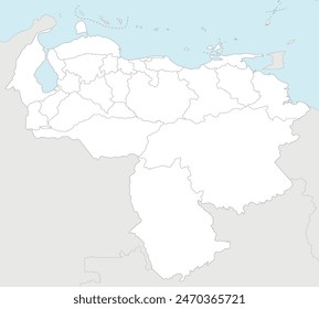 Vector blank map of Venezuela with states, capital district, federal dependencies and administrative divisions, and neighbouring countries. Editable and clearly labeled layers.