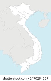 Vector blank map of Vietnam with regions and administrative divisions, and neighbouring countries and territories. Editable and clearly labeled layers.