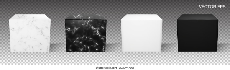 Vector blank marble stand for product advertising. Set of black and white realistic  cube with stone texture. Transparent background podium for museum or gallery showcase.