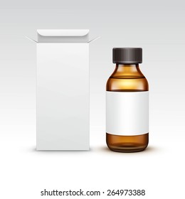 Vector Blank Medicine Medical Glass Bottle With Liquid Fluid Packaging Package Box Label Isolated On White Background