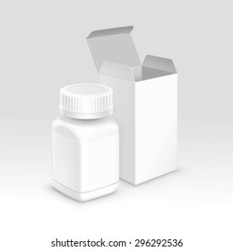 Vector Blank Medicine Medical Packaging Package Paper Box and Plastic Bottle with Cap for Pills and Label Isolated on Background