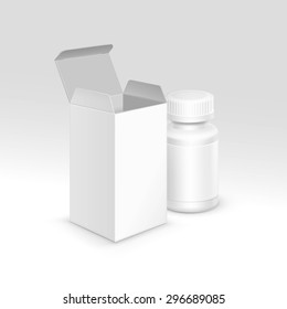 Vector Blank Medicine Medical Packaging Package Paper Box and Plastic Bottle with Cap for Pills and Label Isolated on Background